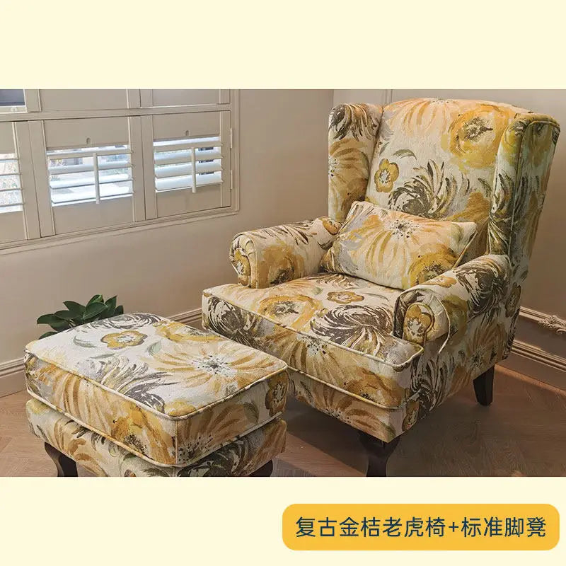 fauteuil classique bleu damassé coussin tissu composite bois sponge chambre salon minimaliste moderne