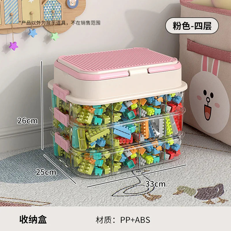 boîtes rangement jouets transparentes plaques lego like poignées couleurs blanc jaune vert bleu rouge