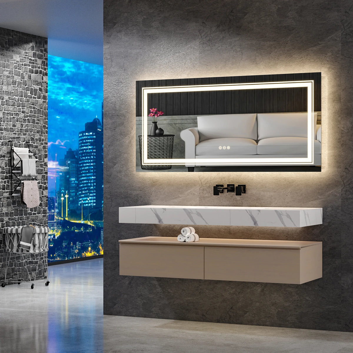 miroir salle bain rectangulaire lumineux led antibuée mural moderne grand sans cadre blanc