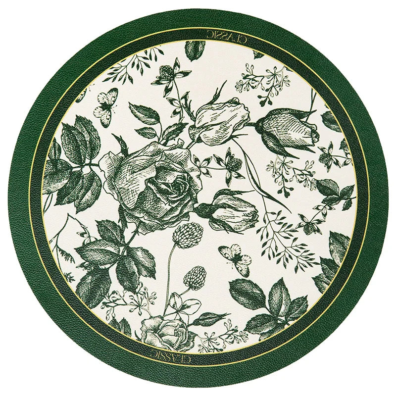 tapis table rond polyestère résistant chaleur décoration intérieure extérieure blanc vert fleurs feuilles papillons