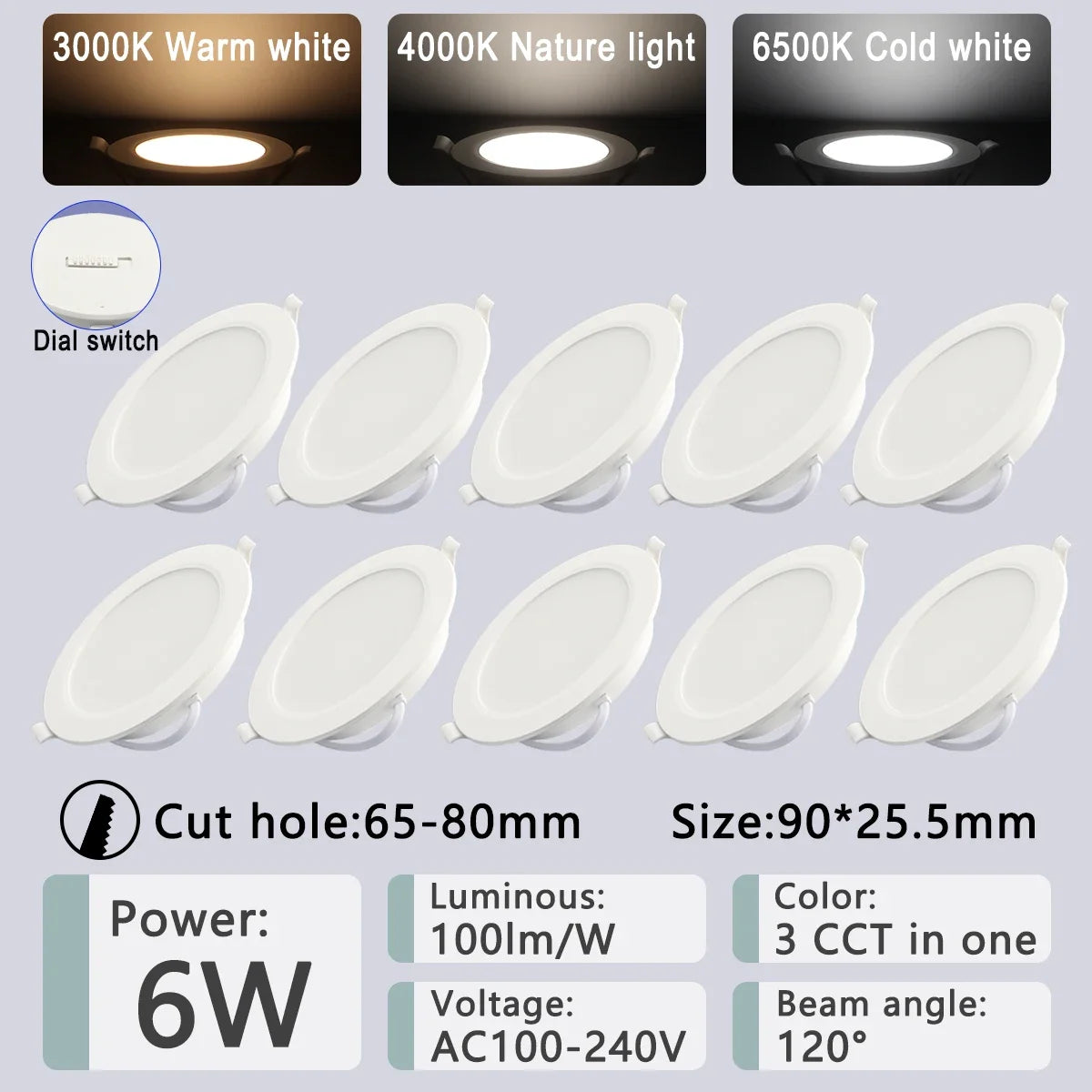 ampoule led downlight spot blanc moderne interrupteur gradateur 3000k 4000k 6000k 10w 24w