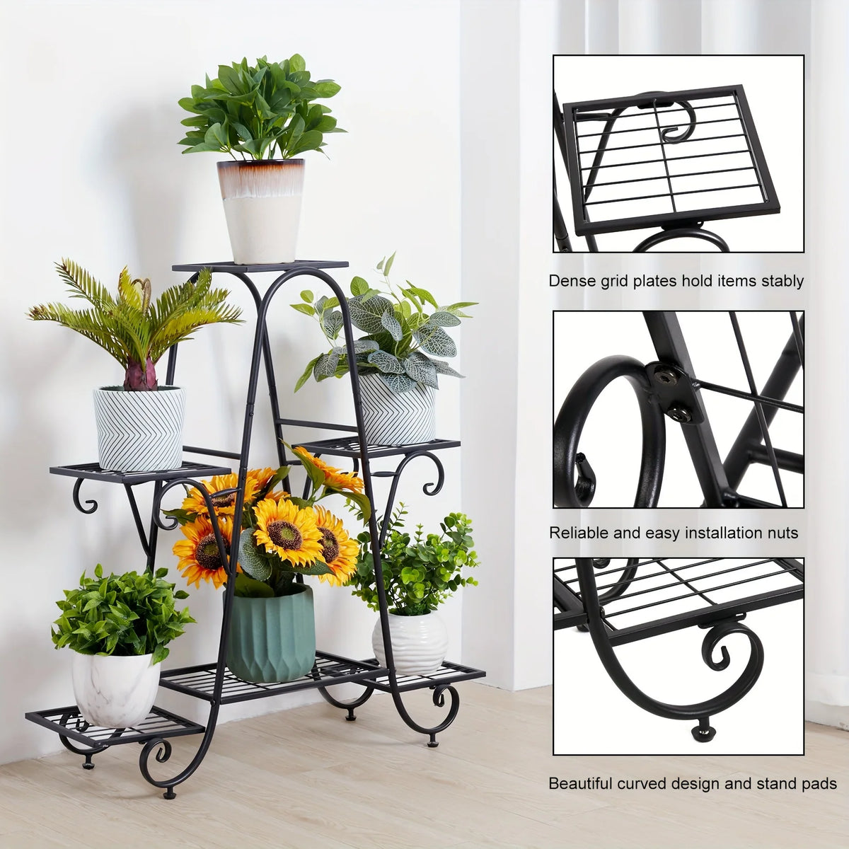 étagère plante métal structure florale courbe élégant pots blancs noirs fixations visuelles