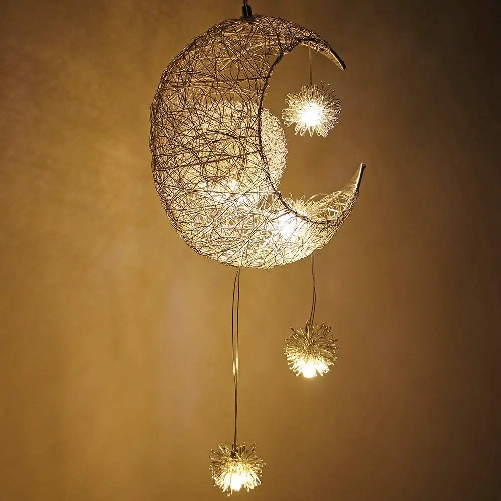 lampe suspendue moderne lune étoiles blanc doré salon chambre led