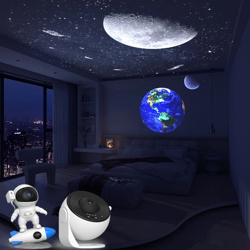 projecteur étoiles univers blanc bleu noir figurines astronautes fusées moderne technologique sans fixation