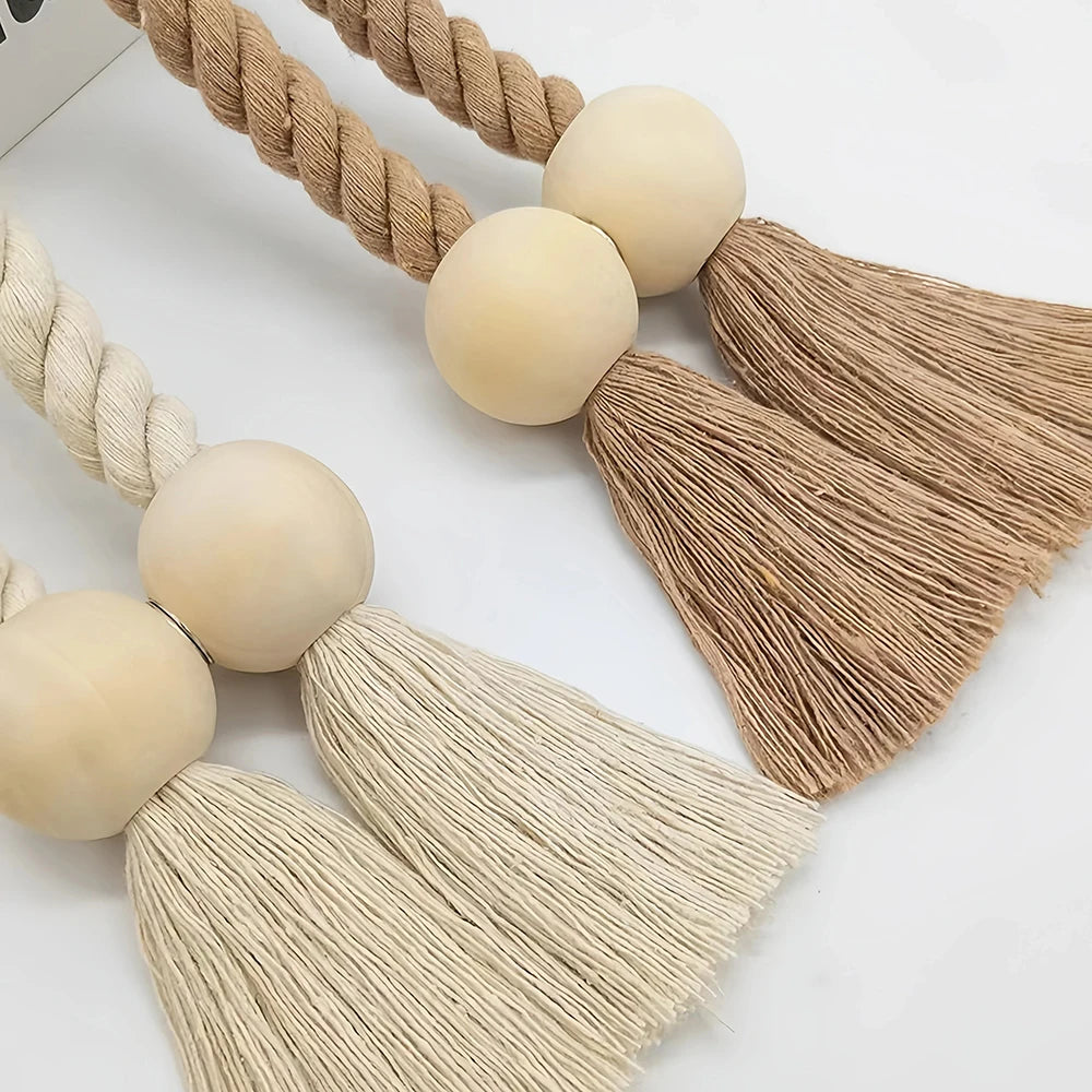 boucle rideau boho bois franges simples coton beige blanc moderne maison
