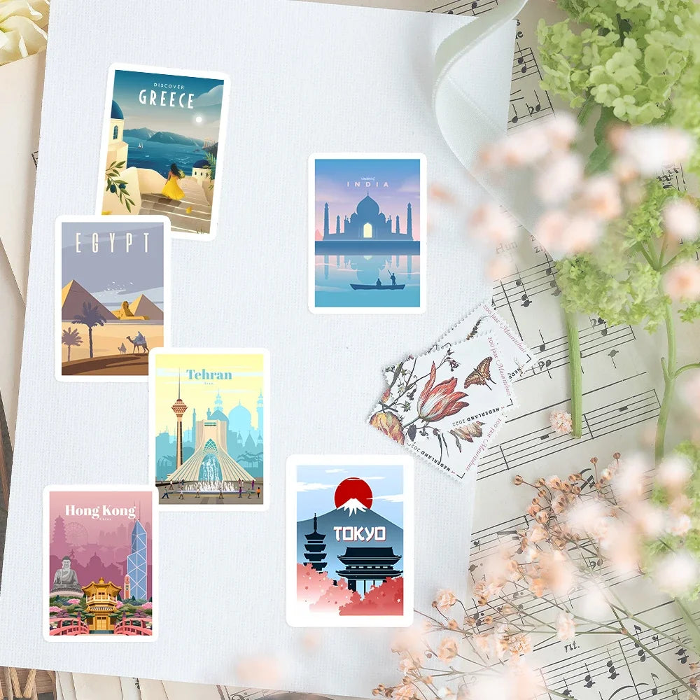 stickers autocollants stickers urbains paysages vintage tons pastel adhésifs illustrations naturelles opaques set voyage
