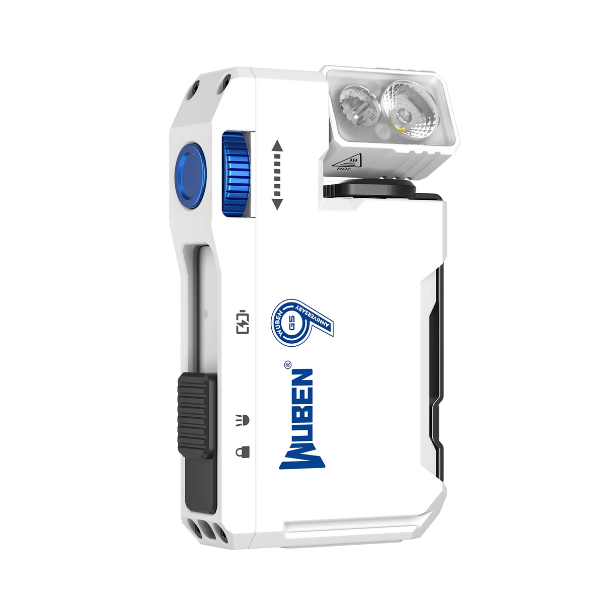 lampe torche rechargeable 400 lumens blanc gris texture granulée moderne robuste anneau fixation notice