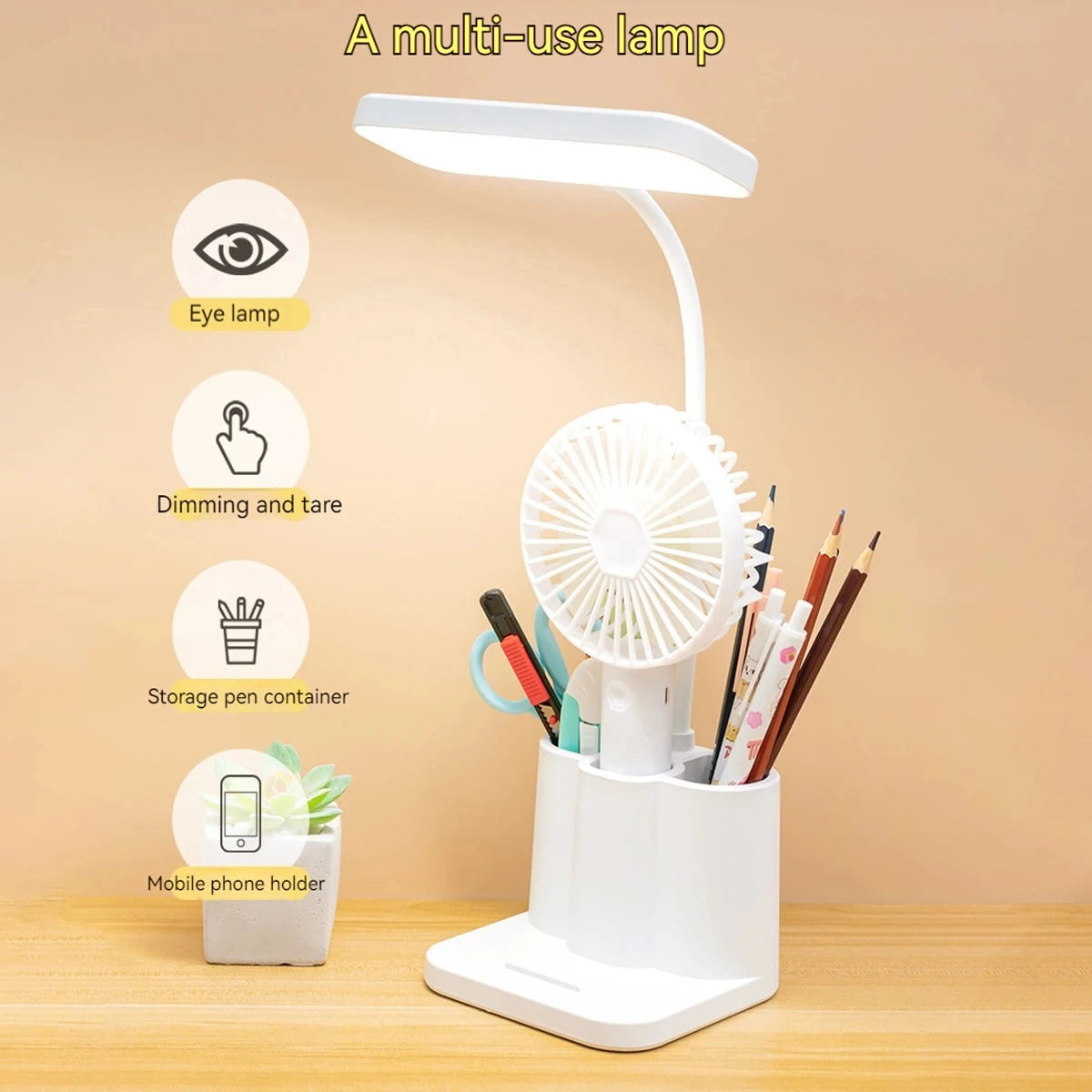 lampe rechargeable blanc moderne porte stylos téléphone ventilateur support batterie