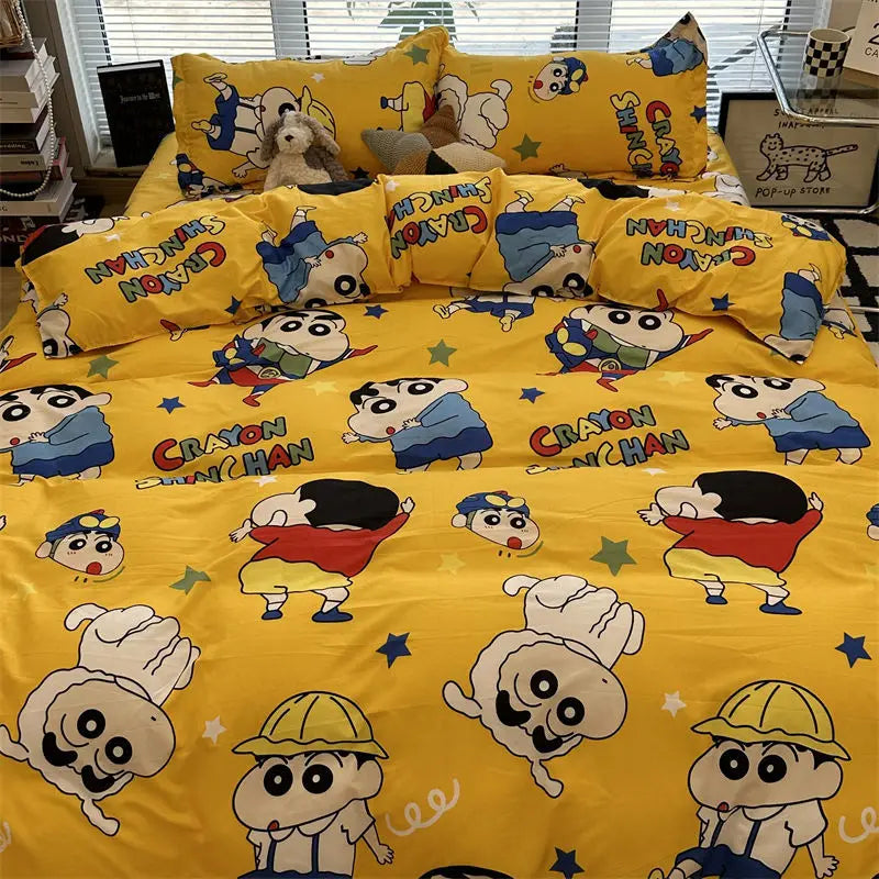 ensemble lit parure shin chan dessins animés jaune blanc bleu motifs géométriques oreillers modernes