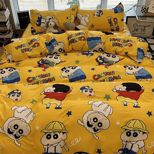 ensemble lit parure shin chan dessins animés jaune blanc bleu motifs géométriques oreillers modernes