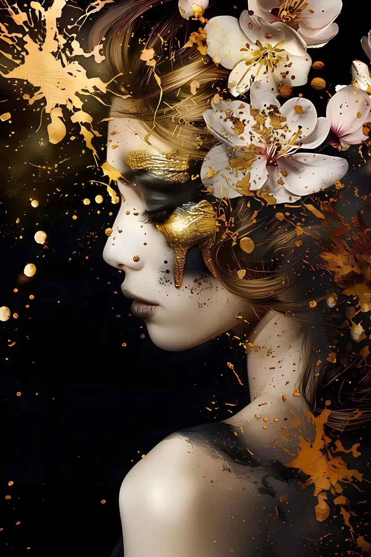 toile d'art contemporain abstrait fleurs dorées sans cadre moderne décoration maison noir blanc