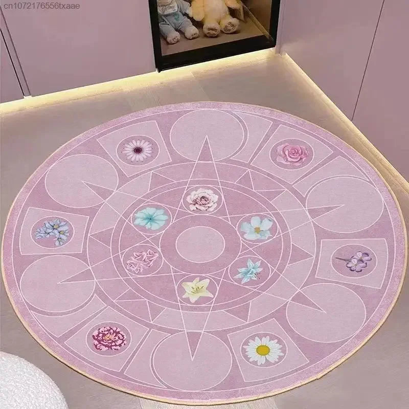 tapis rond floral rose fleurs classique intérieur décoration maison imperméable résistant blanc
