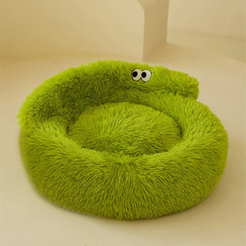 coussin peluche rond doux chat chien lit animal confortable beige gris vert