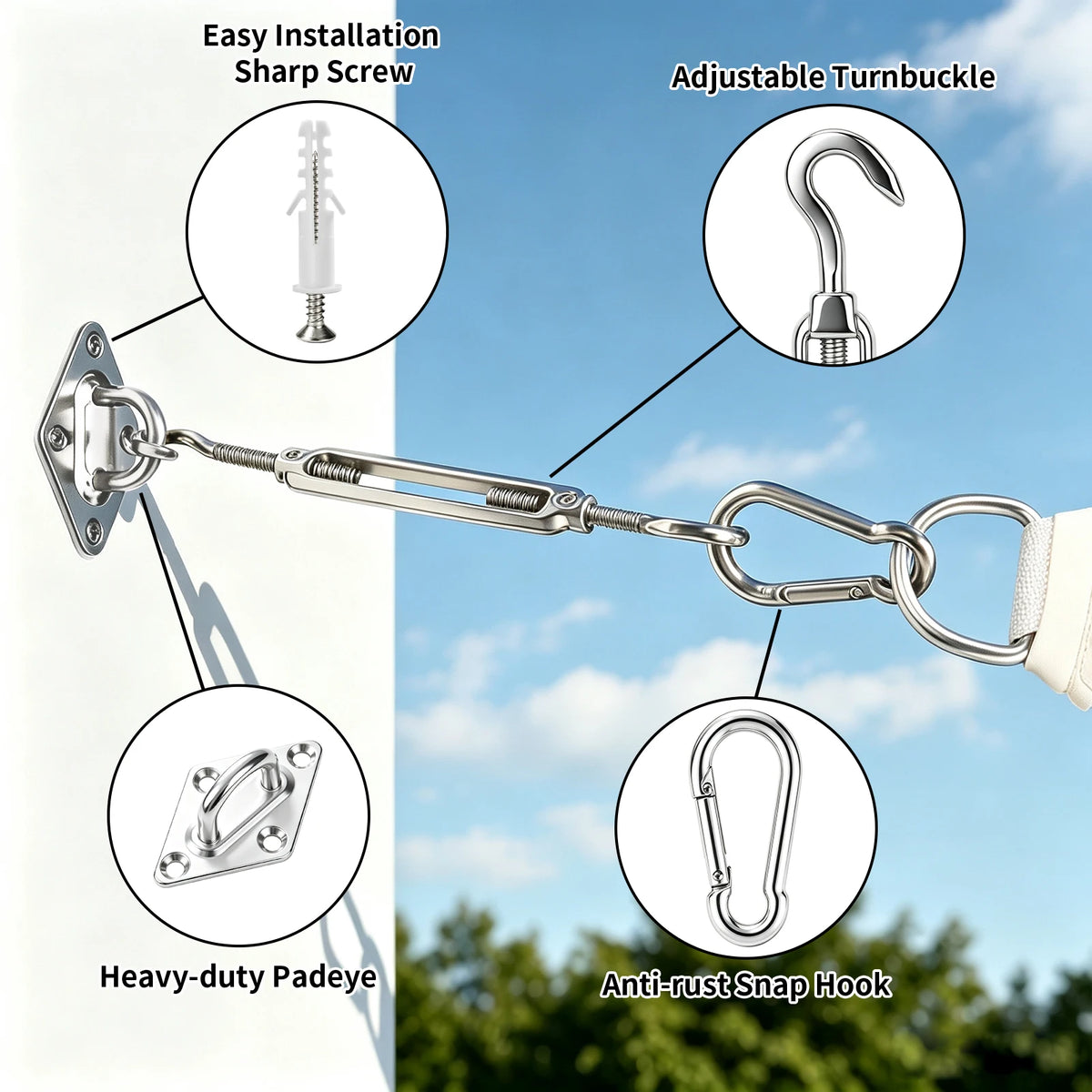 fixation tissus vis turnbuckle pad eye snap hook expansion plastique kit industriel robusteextérieur camping
