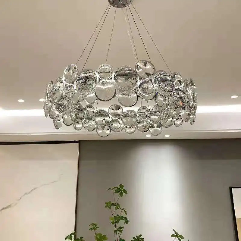 Suspension lumineuse moderne cristal transparent rond facettes chaînes métalliques salon chambre