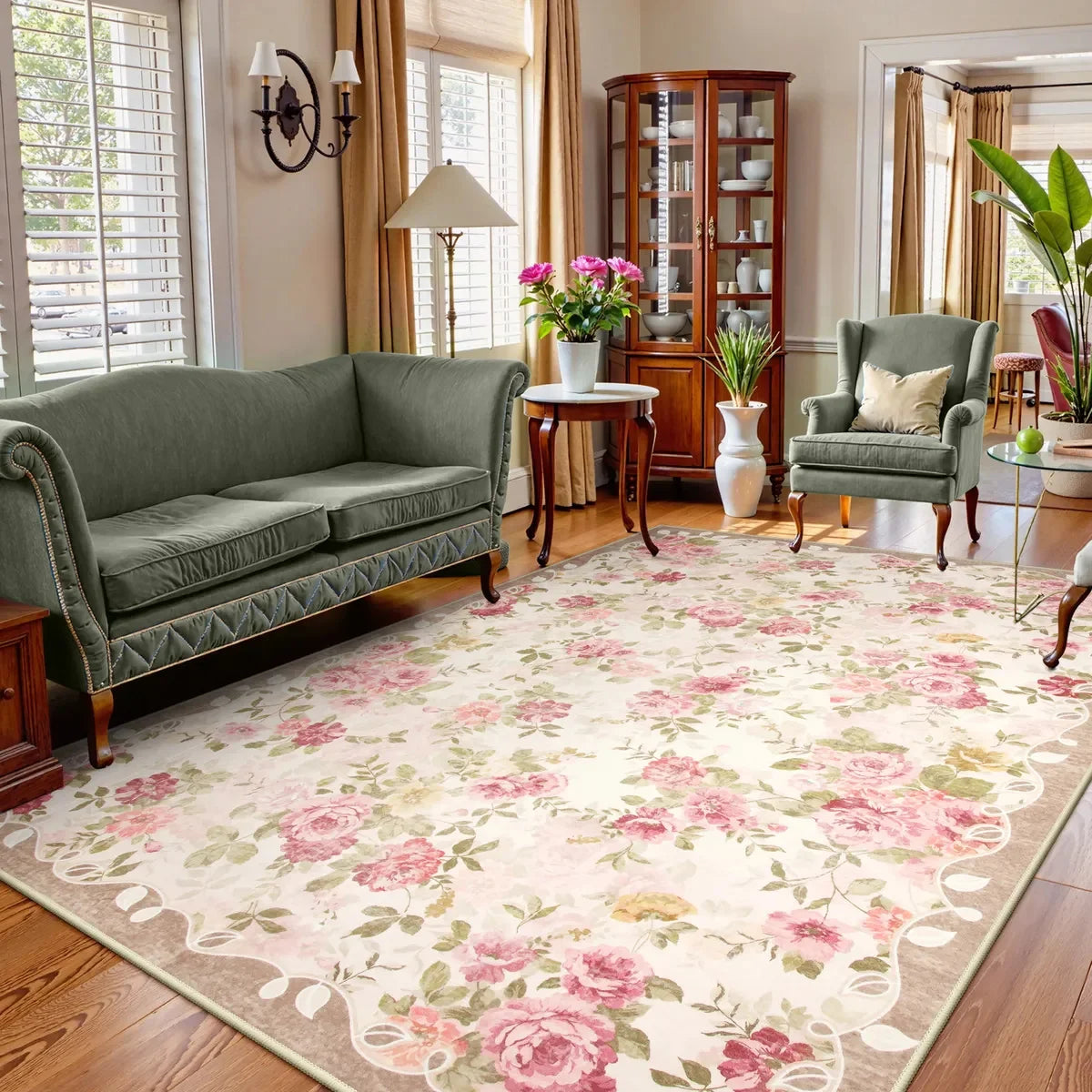 tapis fleur rose vert feuilles classique floral salon chambre 80x120 120x160 cm