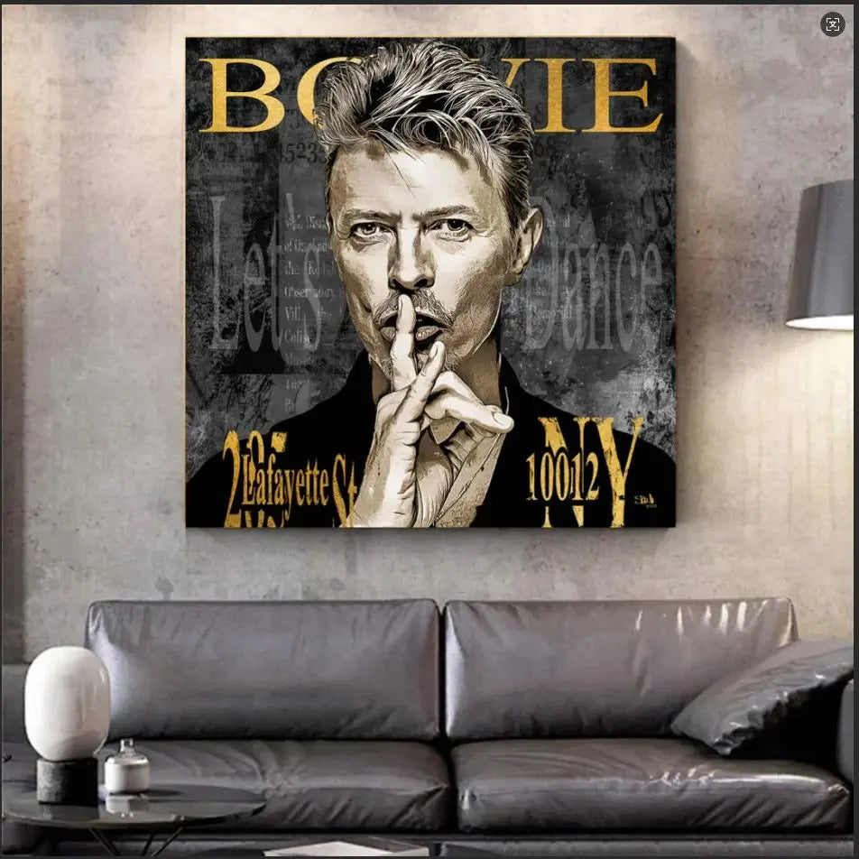 tableau moderne portrait david bowie noir doré gris pop art prêt accrochage sans cadre