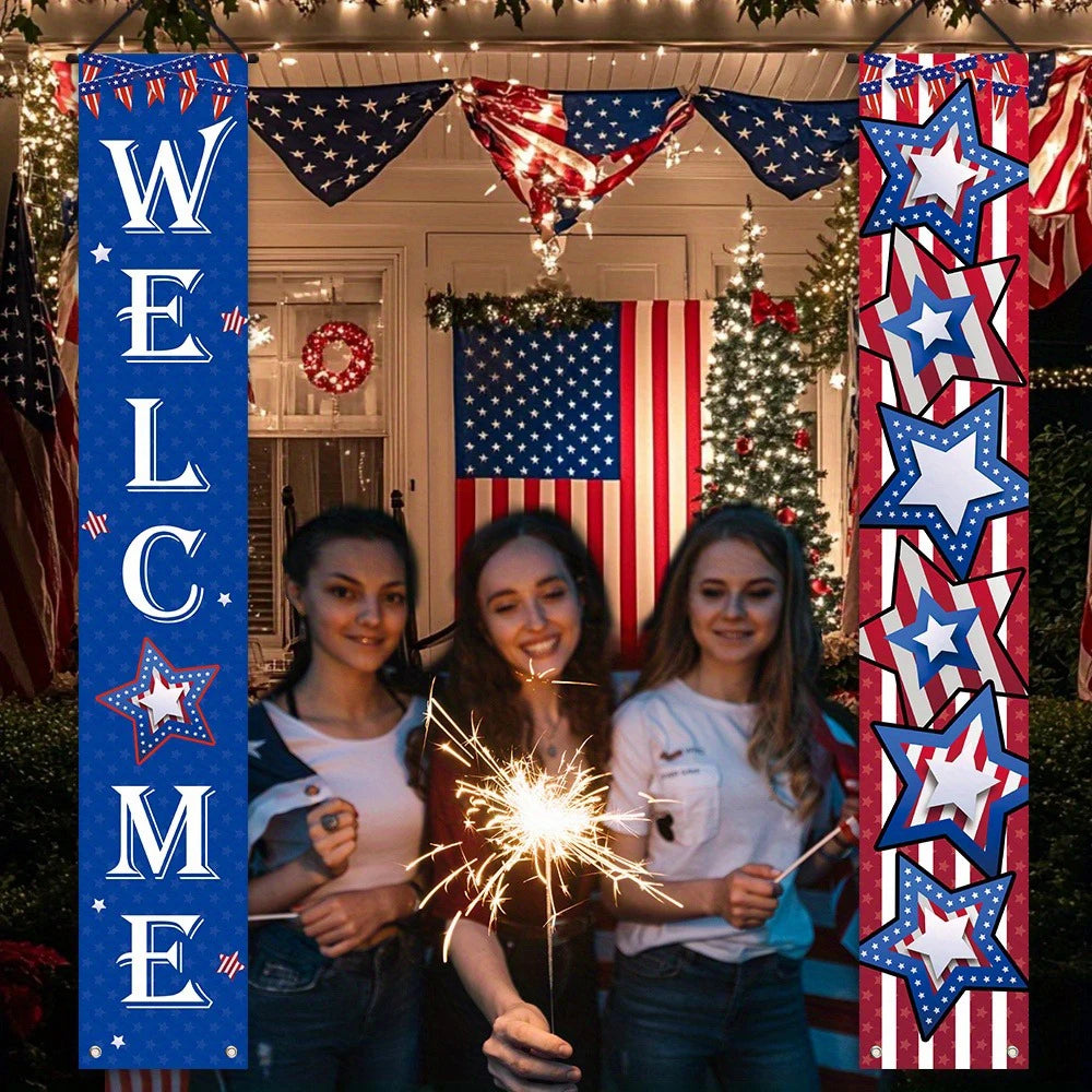bannière décorative étoiles américaines welcome bleu blanc rouge fête anniversaire clips polyester 180cm