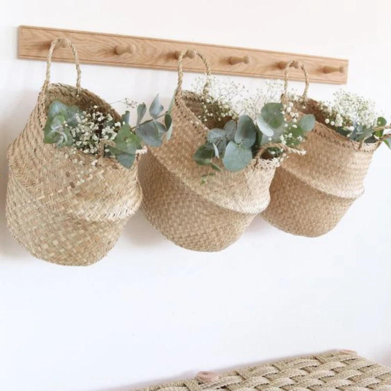 paniers pliables osier naturel rangement stockage respectueux environnement rustique boho chic anneaux métalliques multiplications