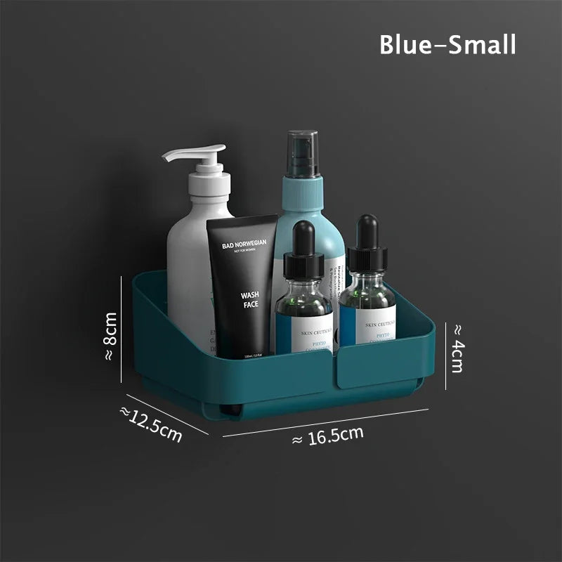 étagère rangement murale adhésive bleu jaune blanc moderne bouteilles flacons pots cosmétiques salle bains