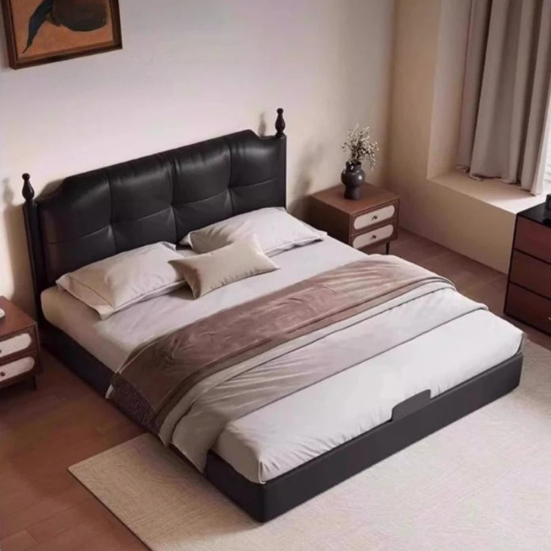 lit noir simili cuir moderne rangement tiroirs chambre coucher bois