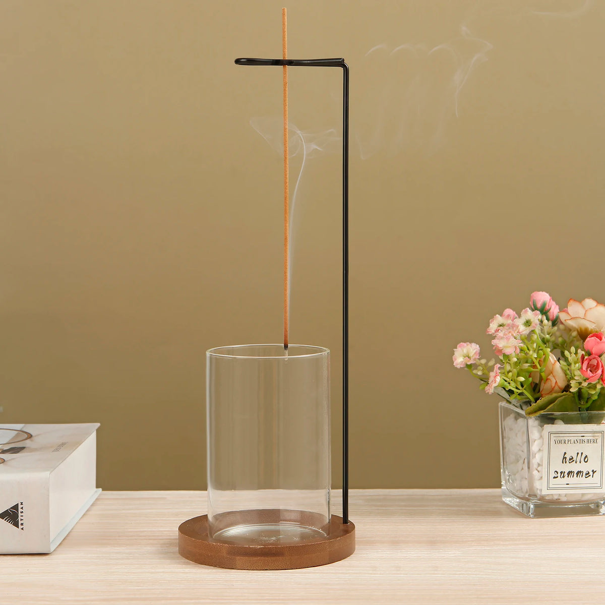 porte encens moderne verre métal incense holder ash catcher deco intérieure aromathérapie yoga meditation