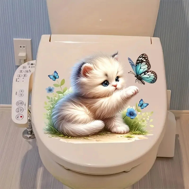 autocollant mural chaton papillons fleurs adhésif pvc moderne illustration réaliste blanc beige bleu vert