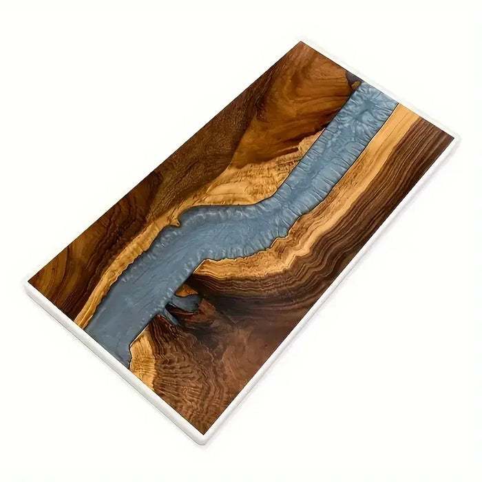 table basse bois marron bleu translucide résine moderne artisanalement fabriquée pieds métalliques noirs unique