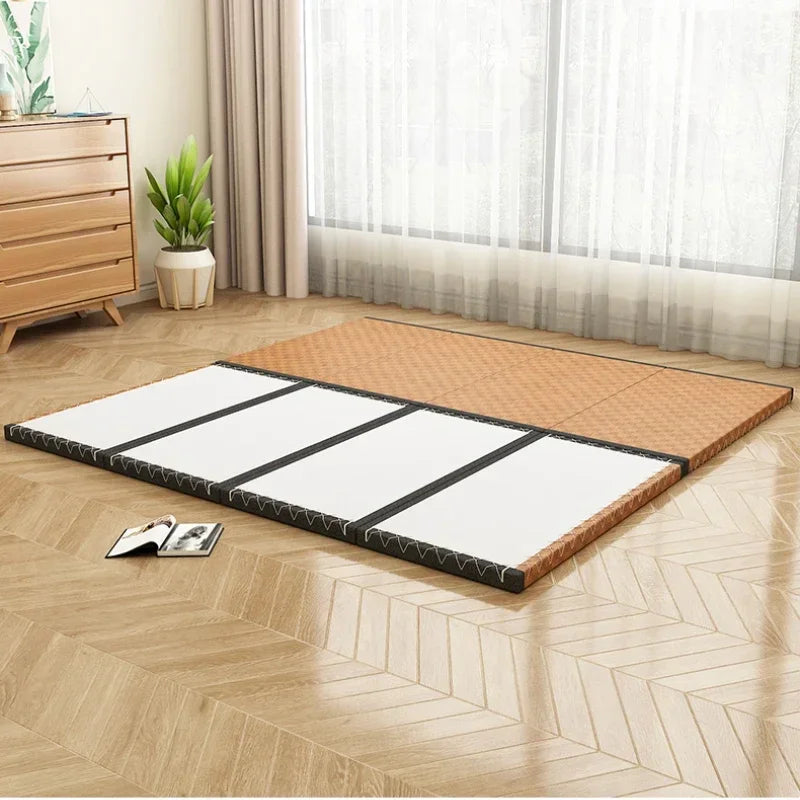 tapis pliable tissé géométrique moderne minimaliste marron clair noir coussins ronds