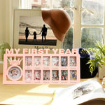 cadre photo my first year bébé blanc rose bleu lettres relief couronne moderne multiphotos
