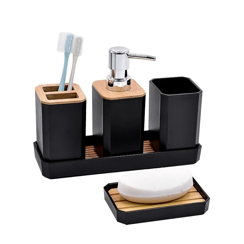 ensemble salle bain moderne porte brosse dents porte gobelet distributeur savon plateau bambou noir