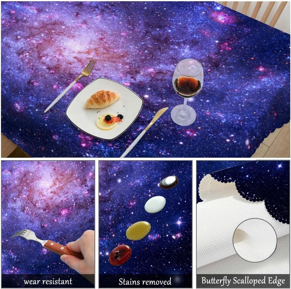 nappe table imperméable motif galaxie étoiles bleu nuit violet moderne réutilisable polyester rectangle fêtes