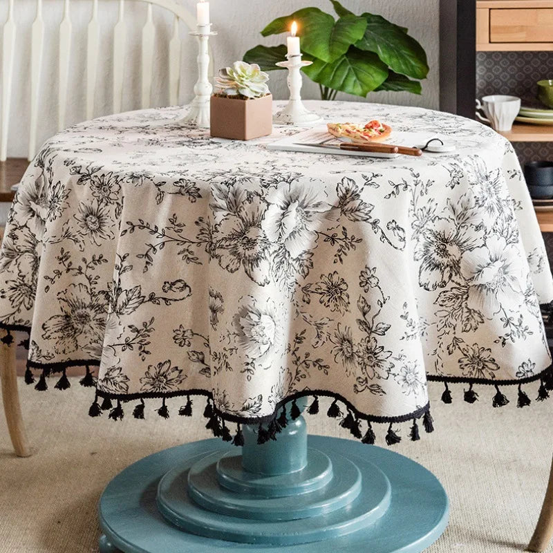 nappe table lin polyester imprimé pivoine tassels rustique vintage extérieur hiver noël mariage