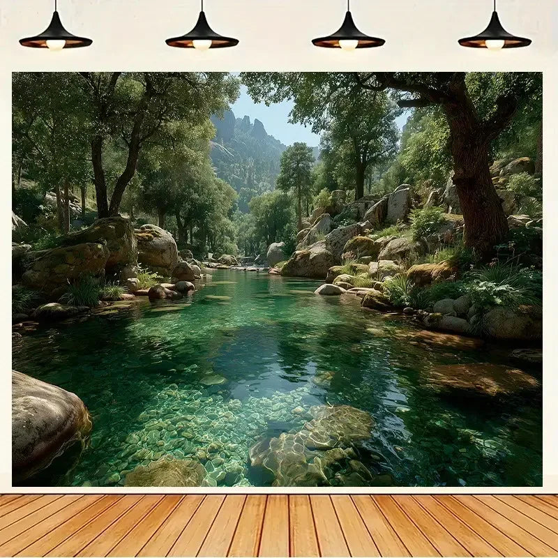 papier peint mural vert bleu arbres rivière naturelle salon chambre clips suspension