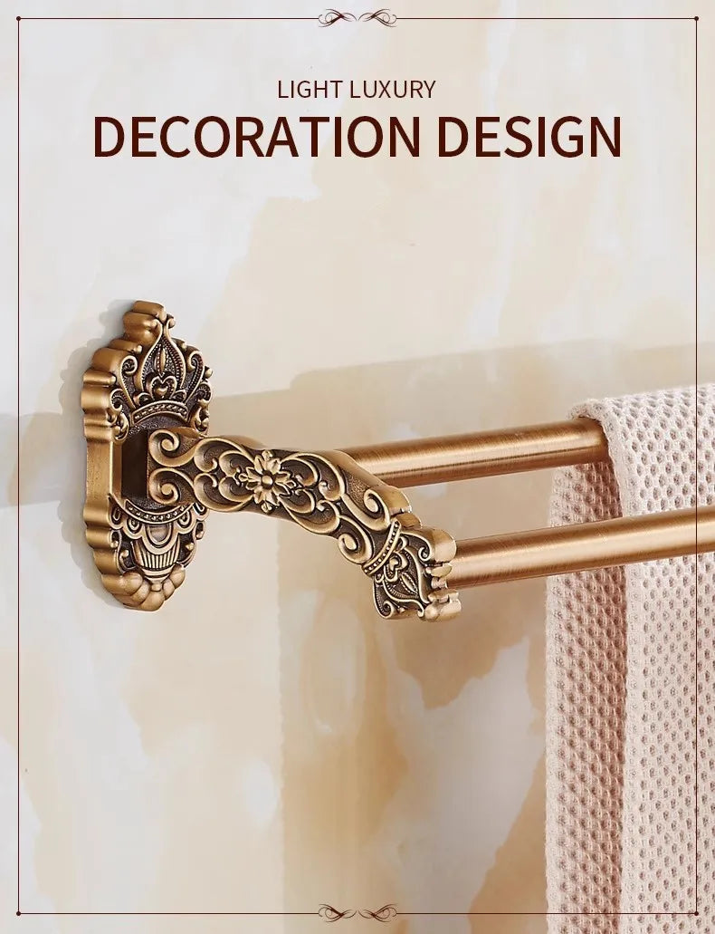 accessoires salle bain doré ornements sculptés finition brillante antique élégant porte serviettes savon toilette
