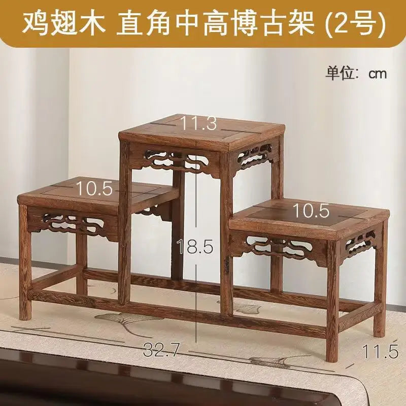 présentoir bois sculpté banc traditionnel marron foncé classique meuble rétro décoration maison figurines plantes