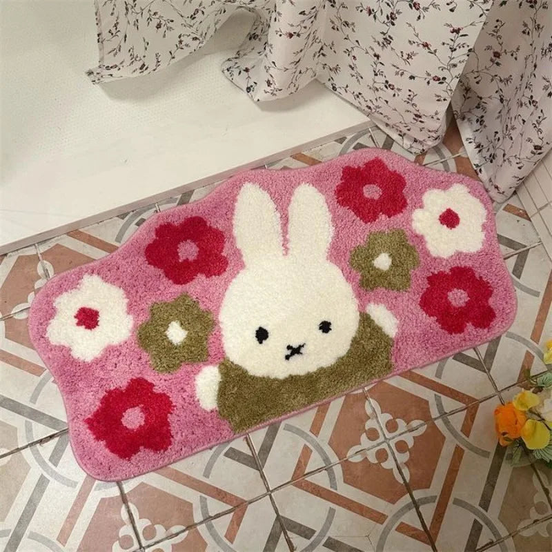 tapis salle bain antidérapant lavable machine motif dessin animé lapins ours fleurs gris blanc