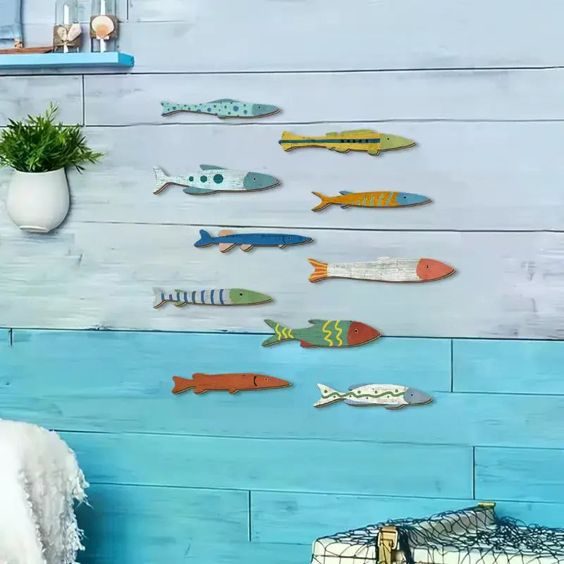 décoration murale artisanale poissons océan bleu vert orange zigzag marin adhésif salle bain maison