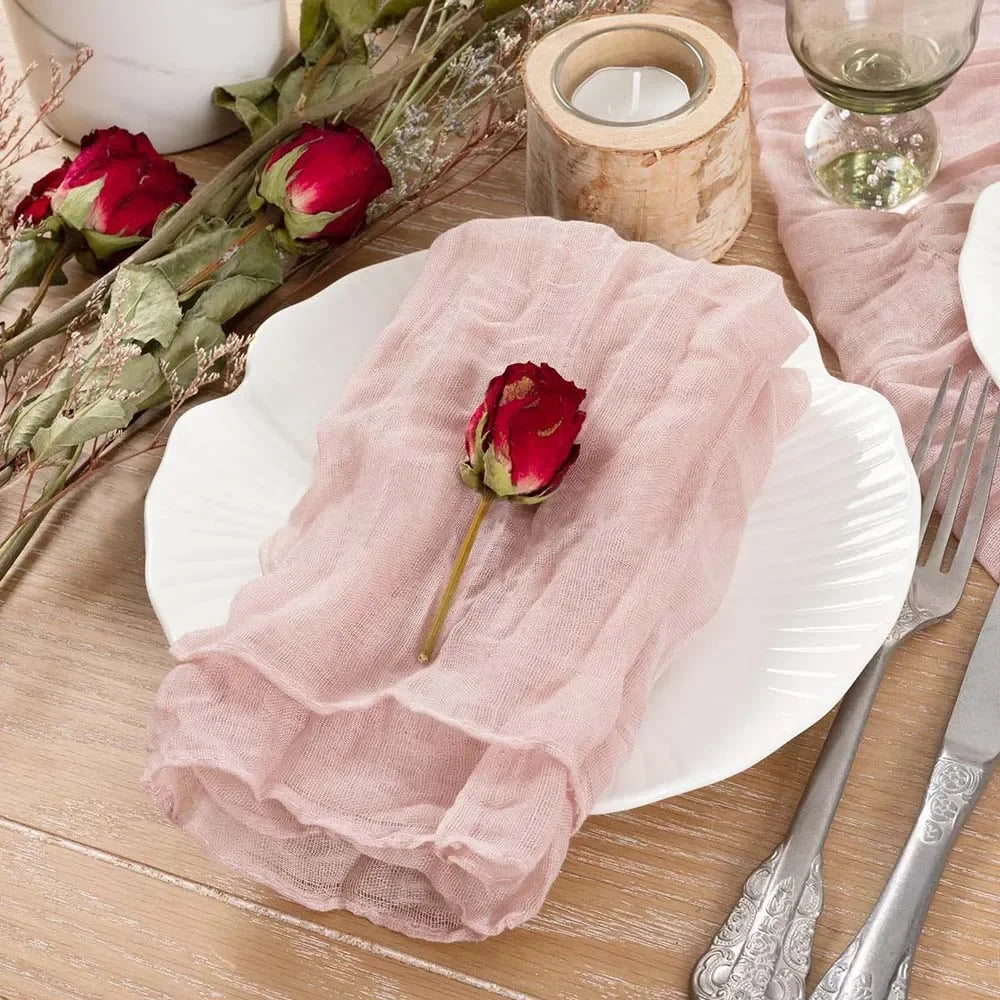 serviette table rose pâle texture ondulée classique ruban jute fleurs sèches polyester coton maison