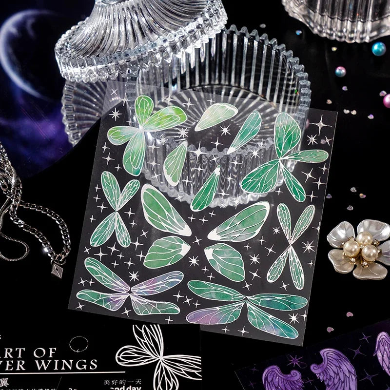 autocollants argent vert rose noir papillons plumes géométriques semi transparent art deco vintage adhésif