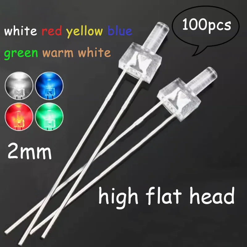 diodes led transparentes 2mm blanc rouge jaune bleu vert blanc chaud pack 100pcs