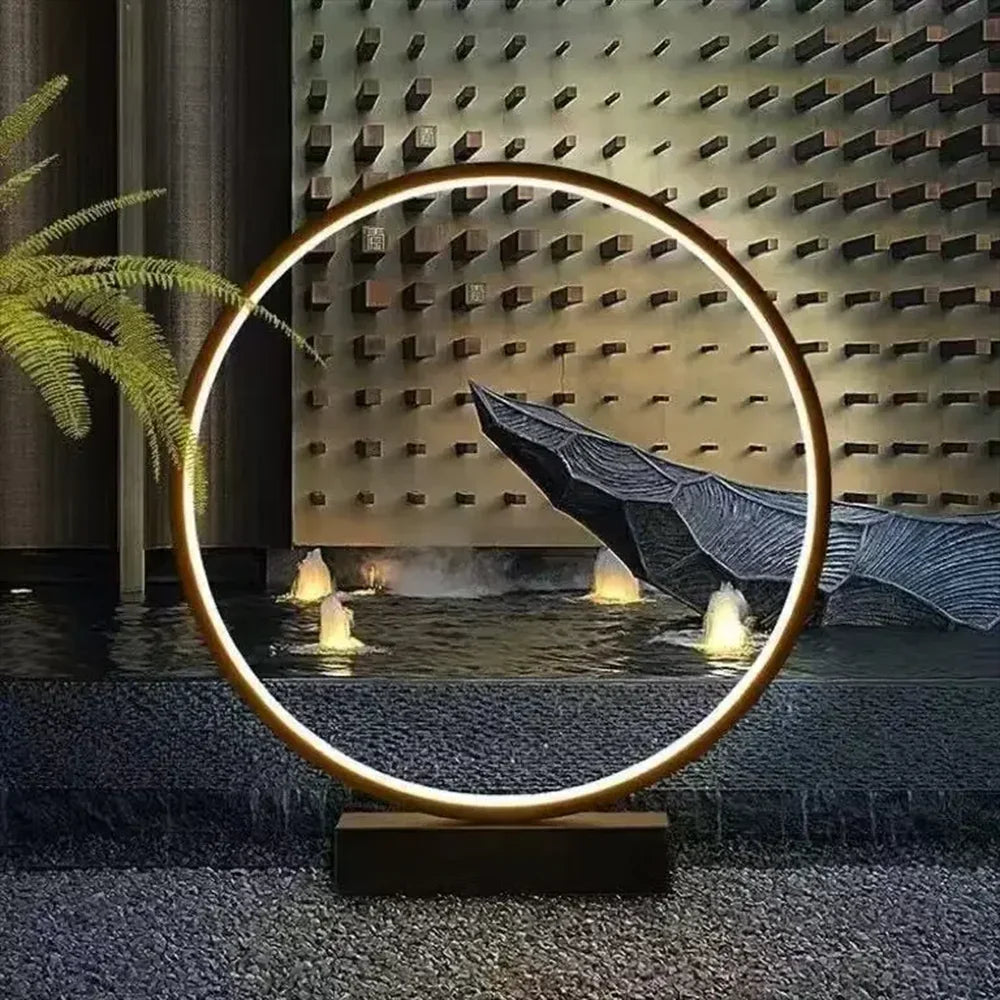 lampe paysage circulaire noir doré moderne pied solide ip65 led flux lumineux lumiere exterieure