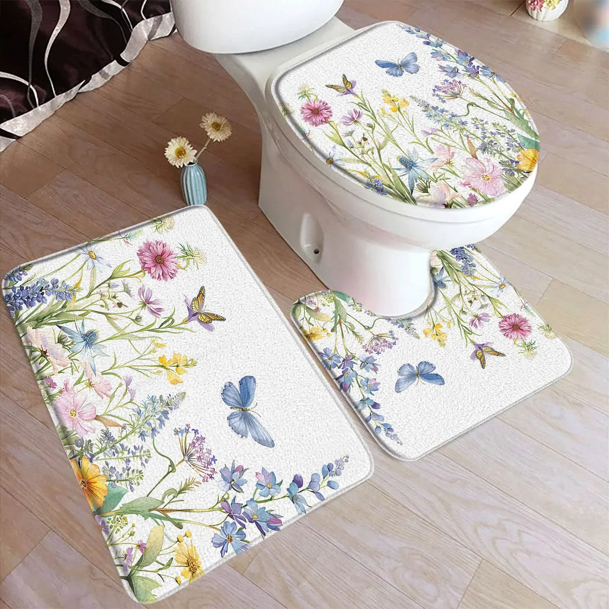 tapis toilette rose fleurs feuilles bain salle beige floral respectueux environnement trois pièces
