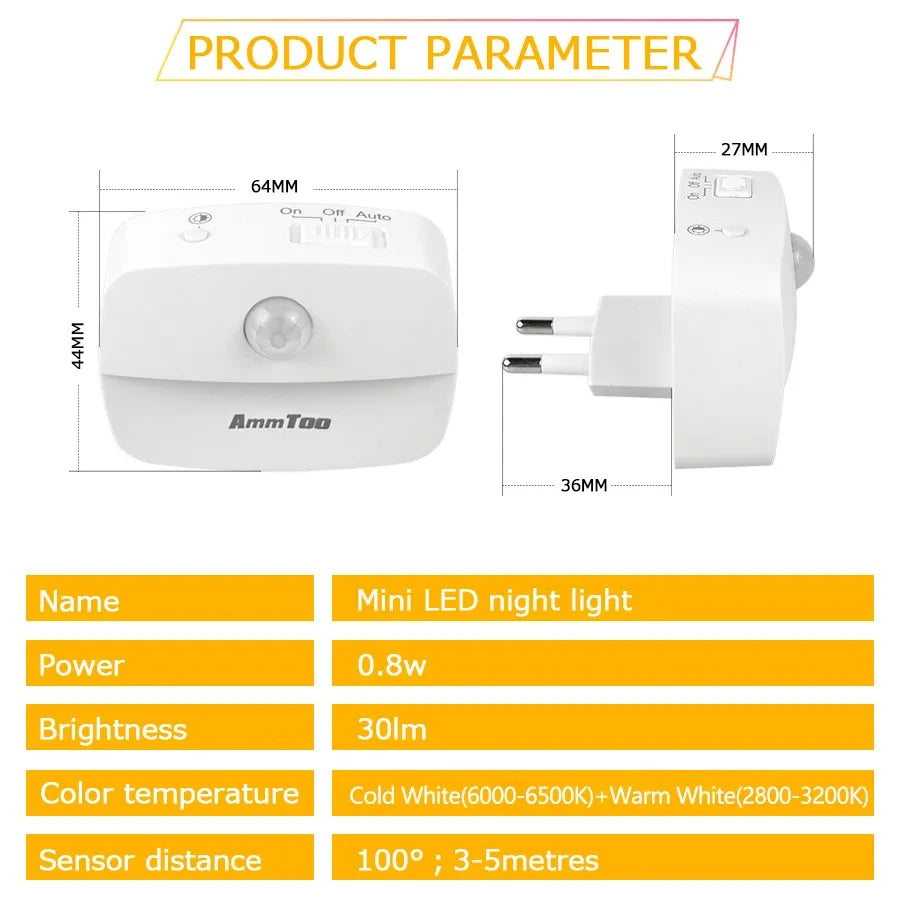 veilleuse led mini nuit blanc moderne capteur mouvement prise murale fixe 64x44mm opaquer sans