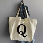 sac main femme toile beige clair lettre noire poignées détachables