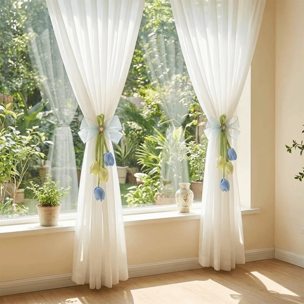 ruban fenêtre décoratif tulipes fleurs blanc vert bleu jaune rose fixe translucide polyester