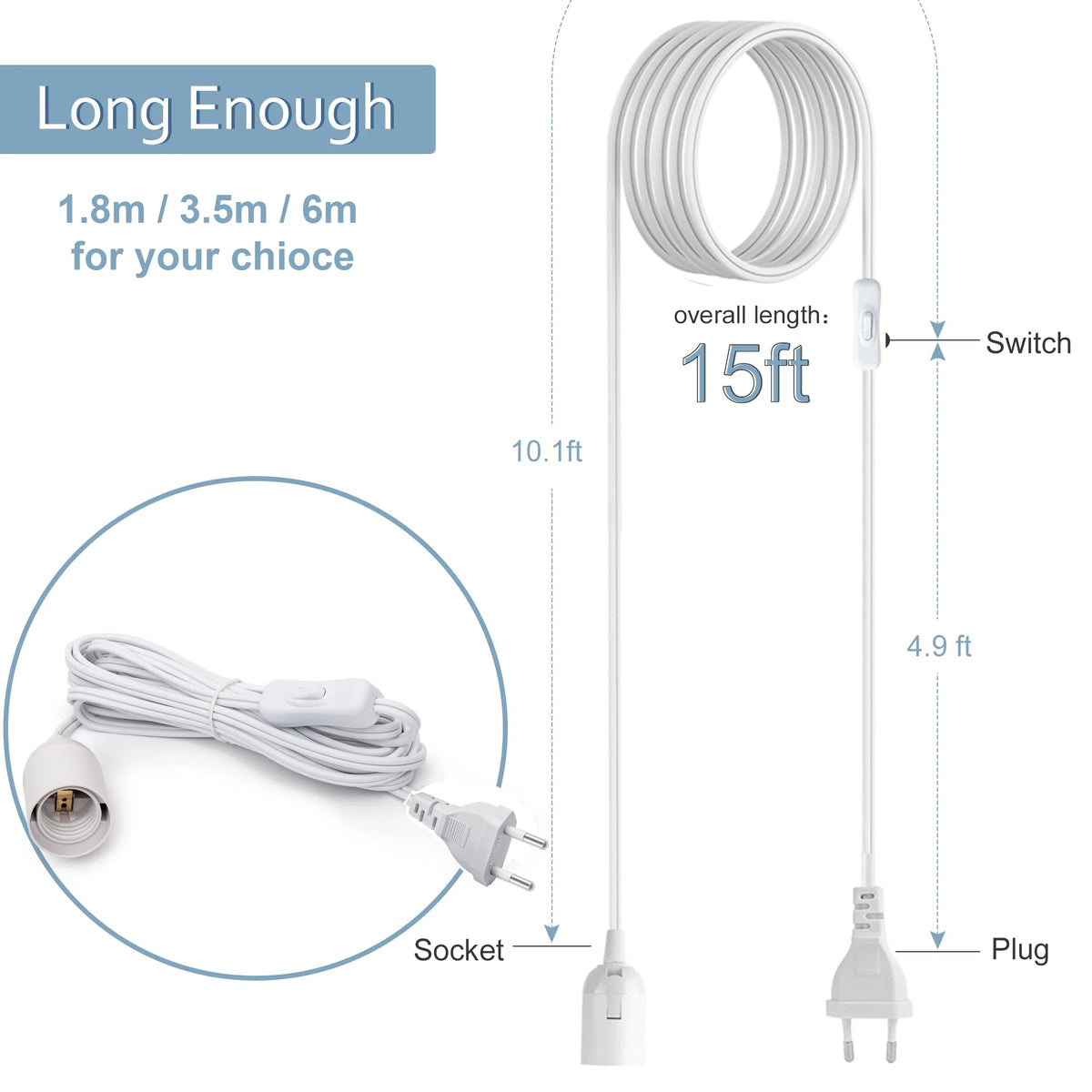 câble électrique blanc moderne prise interrupteur ampoule E27 lisse opaque 6m