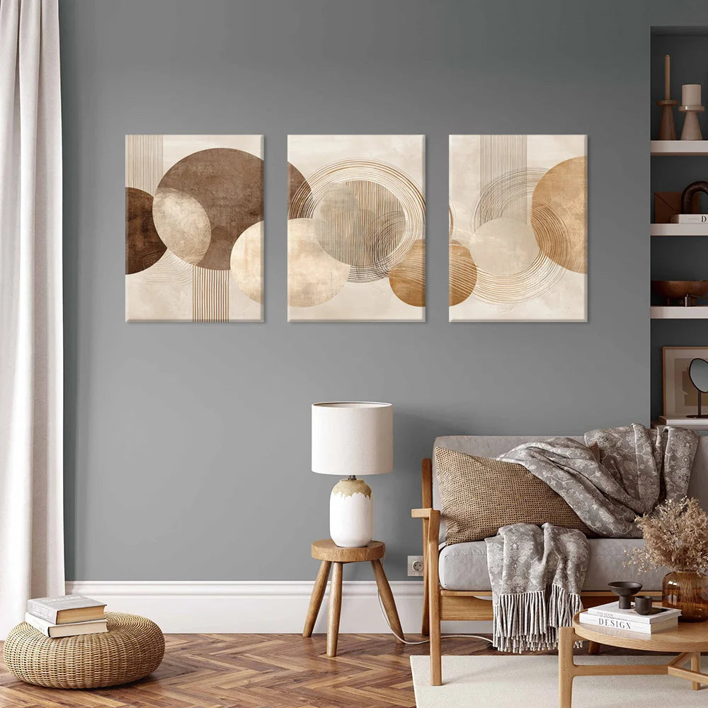 tableau abstrait moderne beige marron gris cercles concentriques lignes parallèles sans cadre impression toile