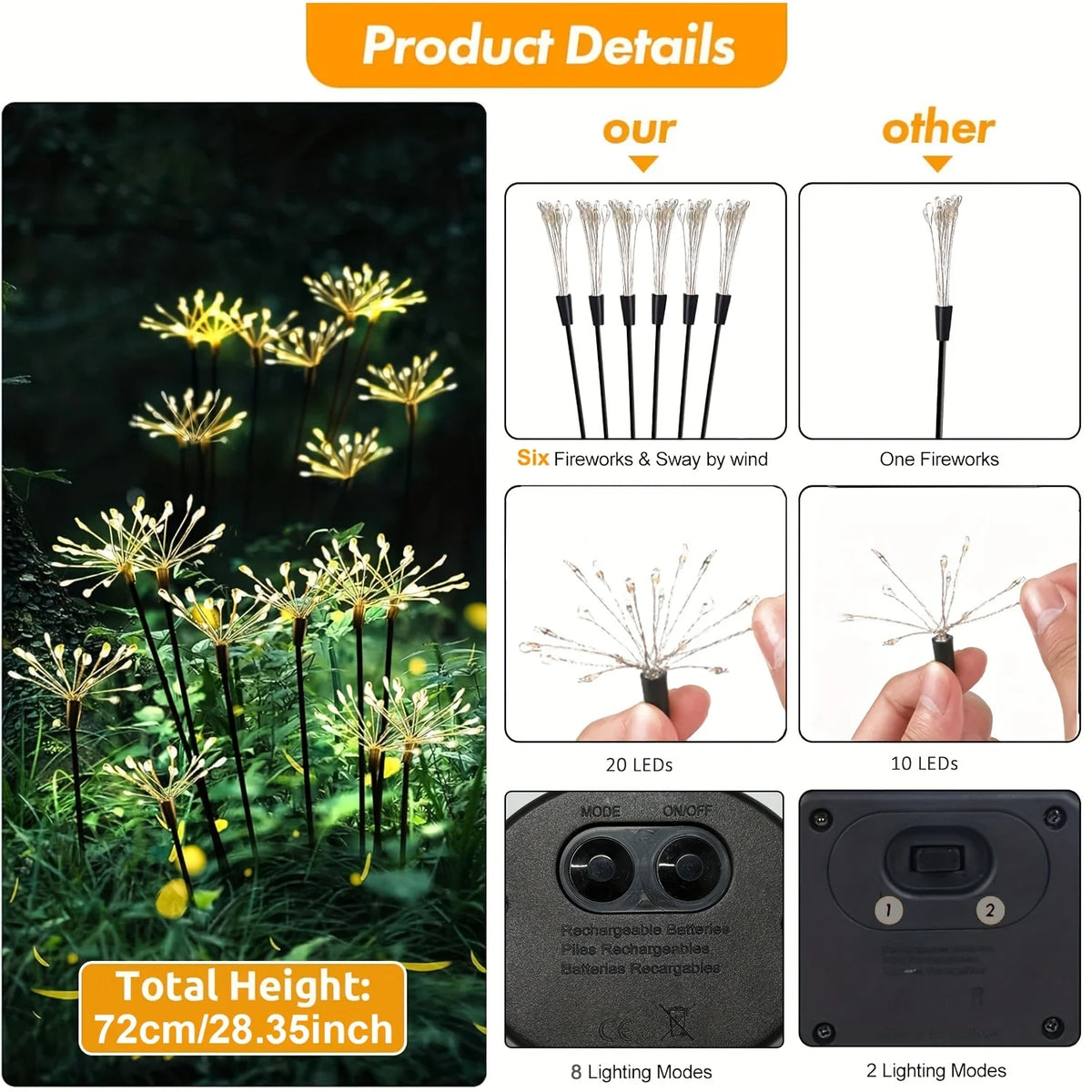 décoration extérieure solaire fleurs lumineuses 120 led moderne fixations inclusées 72cm hauteur