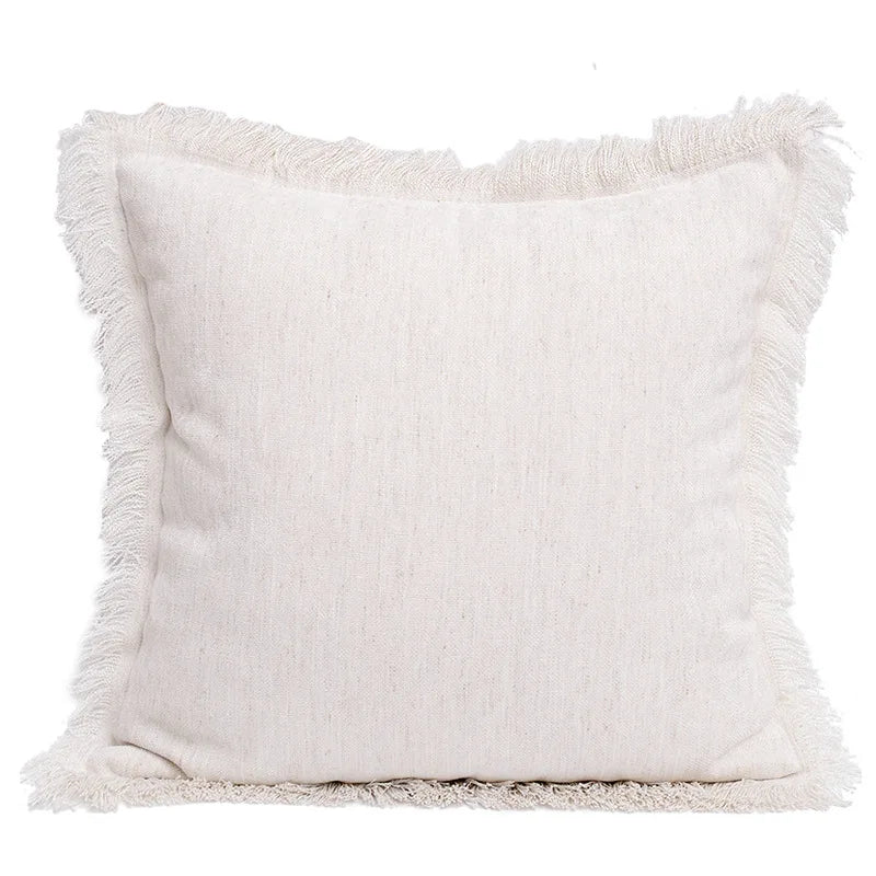 taies d'oreiller carrées modernes couleurs marron rose beige franges coton polyester